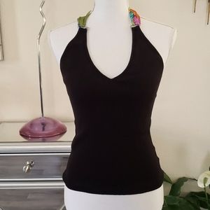 David Meister Sexy Black Halter Top Colorful Silky Ties M